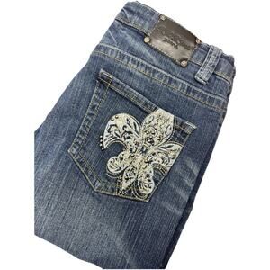 Red Rivet Bootcut Blue Denim Jeans Fleur De‎ Lis Rhinestone Pockets Sz11